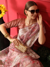 Substantial Floral print pure organza peach saree